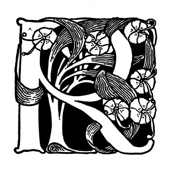 Lettrine R ornée de fleurs de liseron, gravure de style Art nouveau