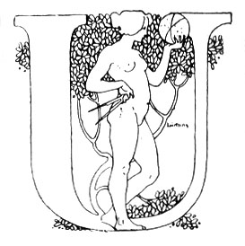 Lettrine U Art nouveau, figure féminine parmi des feuillages, dessin au trait