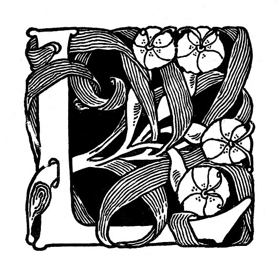 Lettrine L gravée, style Art nouveau, entourée de fleurs